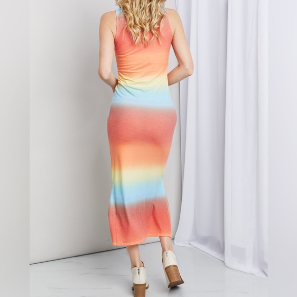 SALE!! Zenana Rainbow Gradient Sleeveless Side Slit Bodycon Maxi Tank Dress - Picture 6 of 6